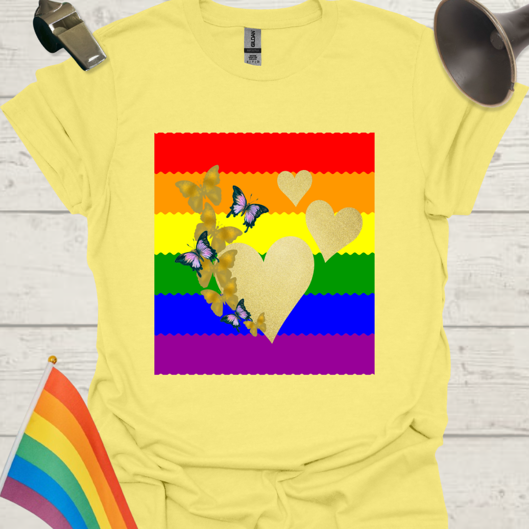 Unisex Pride T-Shirt - LGBT Pride Flag Ripples, Golden Hearts and Butterflies Design