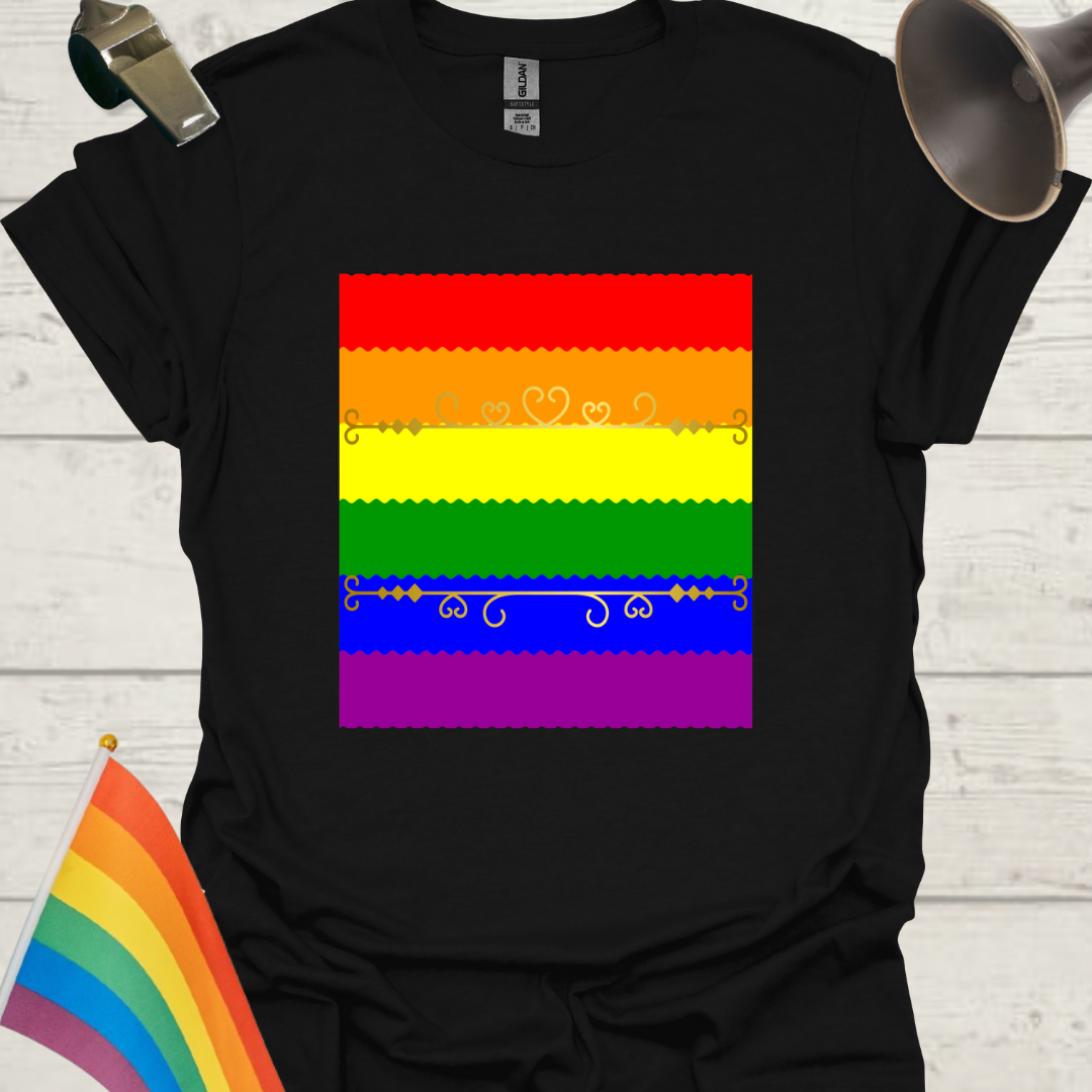 Unisex Pride T-Shirt - LGBT Pride Flag Ripples, Golden Ornaments Design