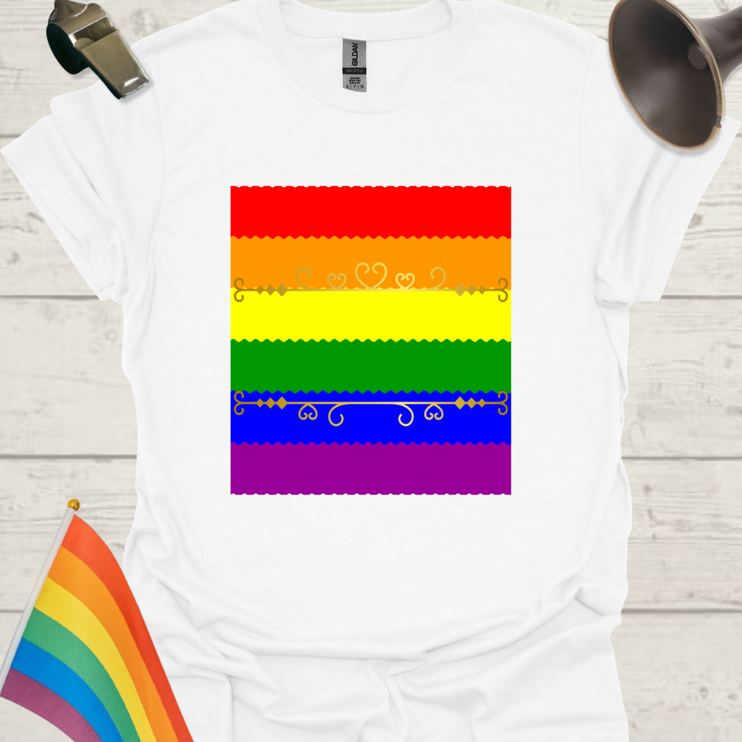 Unisex Pride T-Shirt - LGBT Pride Flag Ripples, Golden Ornaments Design