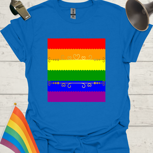 Unisex Pride T-Shirt - LGBT Pride Flag Ripples, Golden Ornaments Design