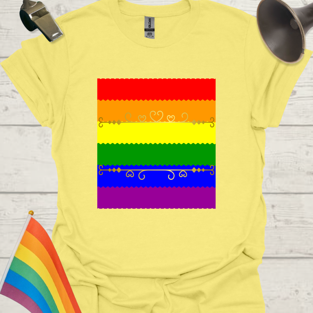 Unisex Pride T-Shirt - LGBT Pride Flag Ripples, Golden Ornaments Design