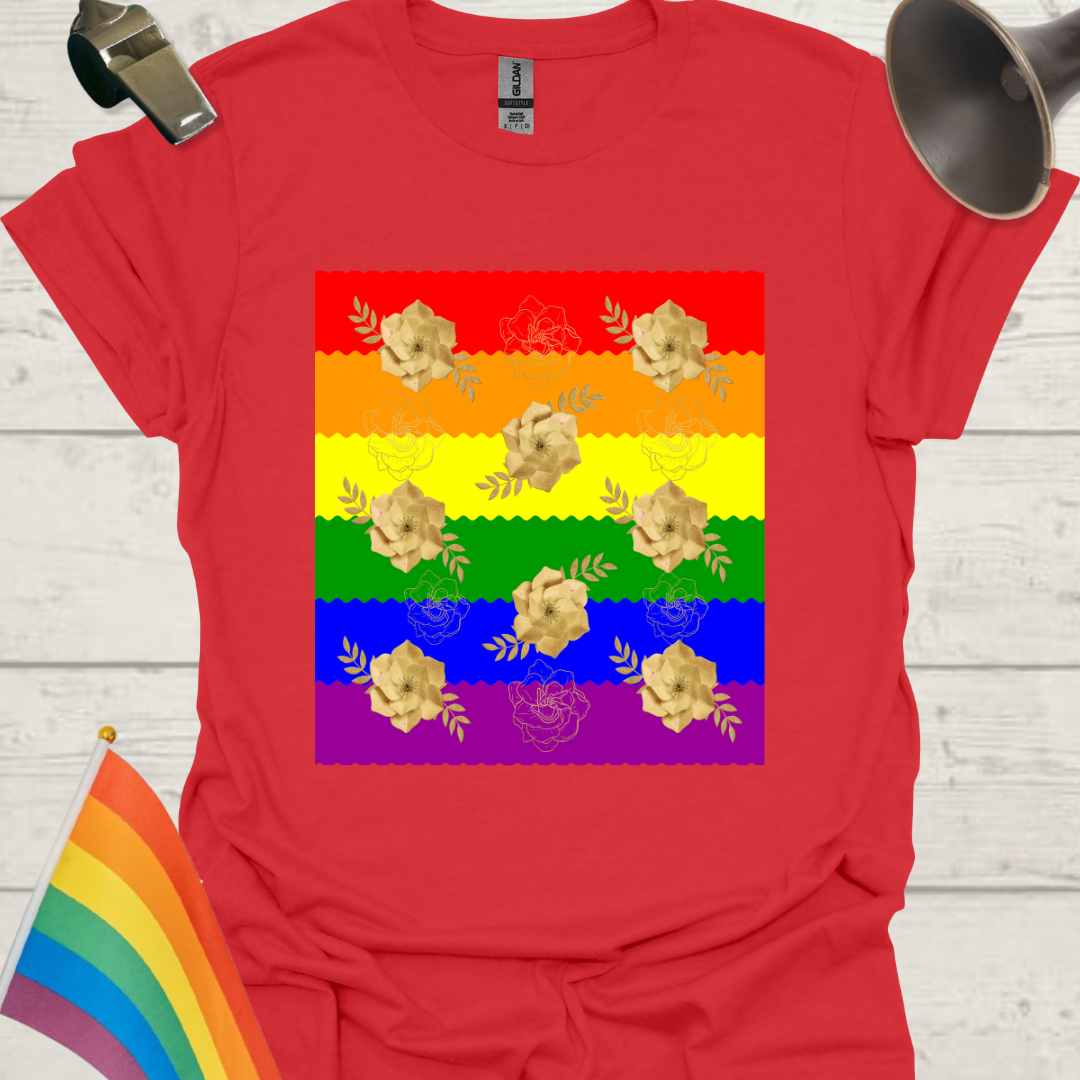Unisex Pride T-Shirt - LGBT Pride Flag Ripples, Golden Roses Pattern Design