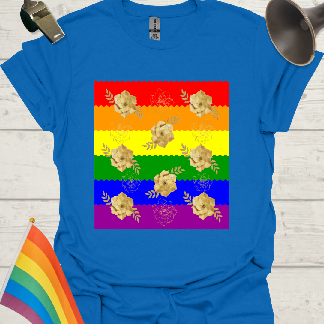 Unisex Pride T-Shirt - LGBT Pride Flag Ripples, Golden Roses Pattern Design