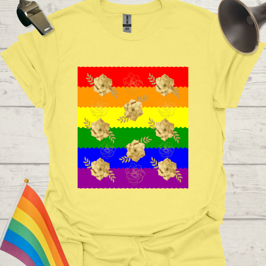 Unisex Pride T-Shirt - LGBT Pride Flag Ripples, Golden Roses Pattern Design
