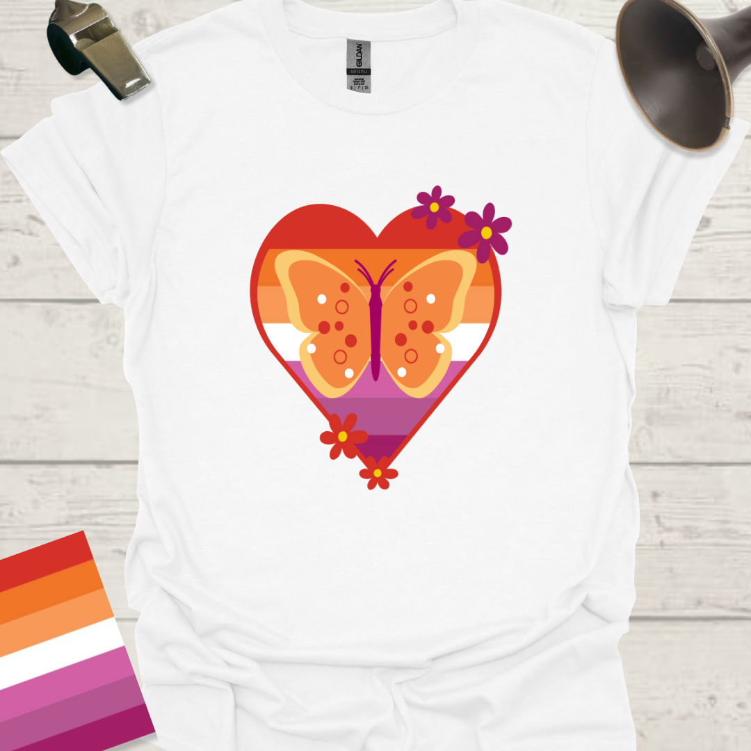 Lesbian Pride Flag Heart Butterfly Flowers T-Shirt