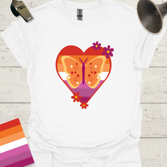 Lesbian Pride Flag Heart Butterfly Flowers T-Shirt