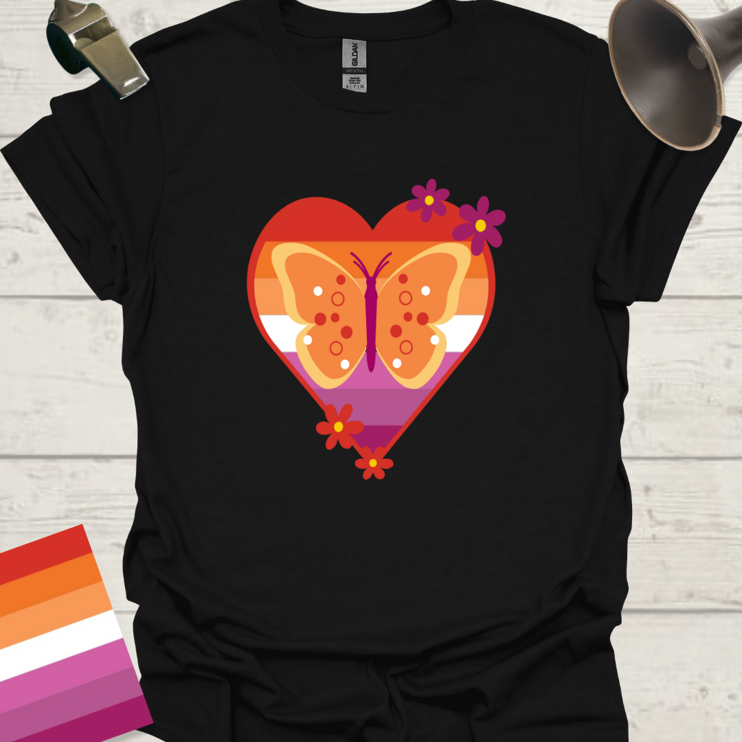 Lesbian Pride Flag Heart Butterfly Flowers T-Shirt