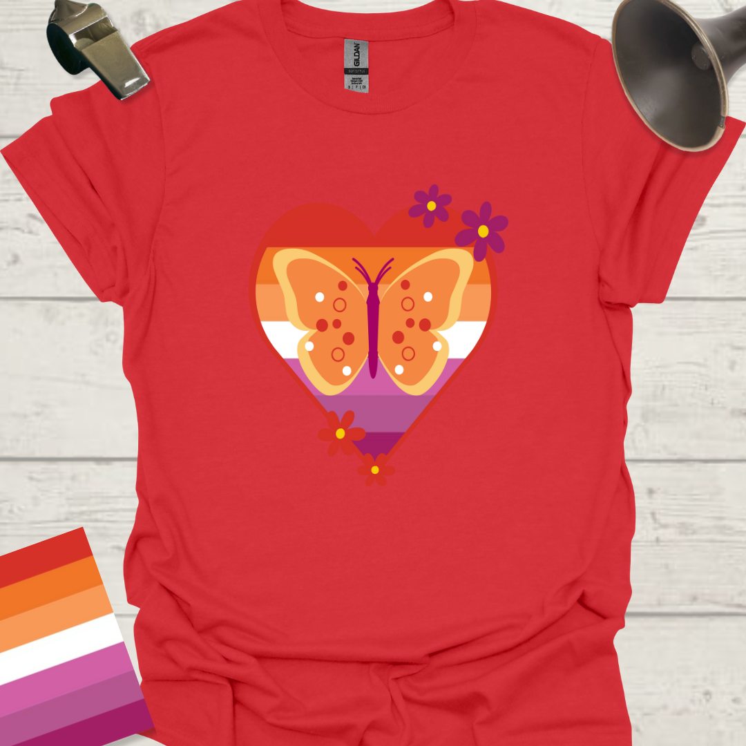 Lesbian Pride Flag Heart Butterfly Flowers T-Shirt