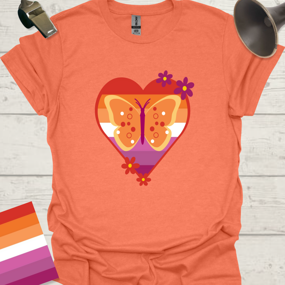 Lesbian Pride Flag Heart Butterfly Flowers T-Shirt