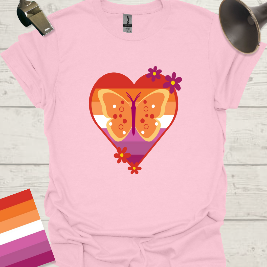 Lesbian Pride Flag Heart Butterfly Flowers T-Shirt
