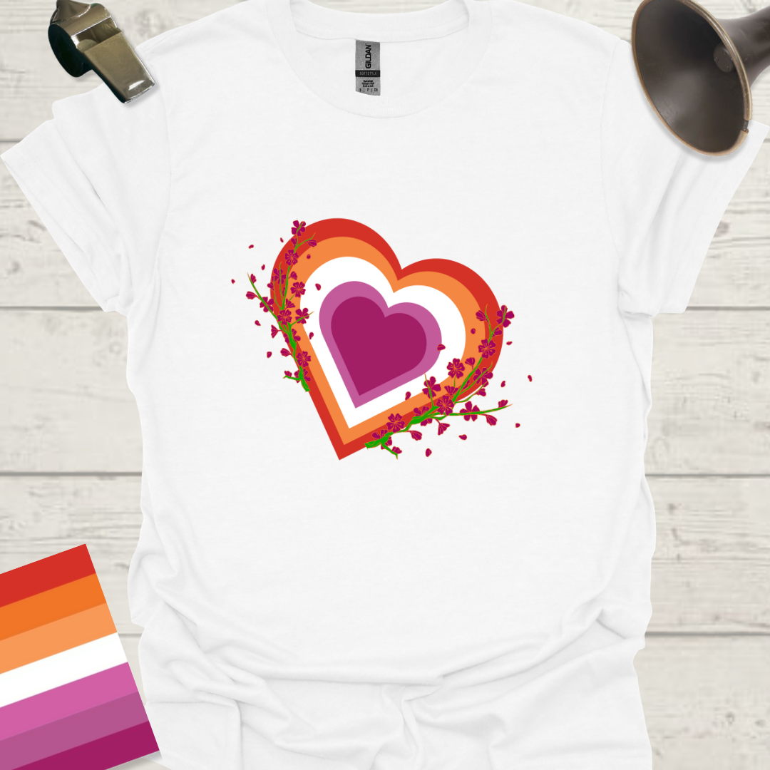 Lesbian Pride Flag Colors Heart Purple Flowers T-Shirt