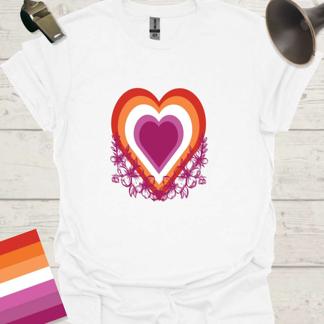 Lesbian Pride Flag Colors Heart Flowers T-Shirt