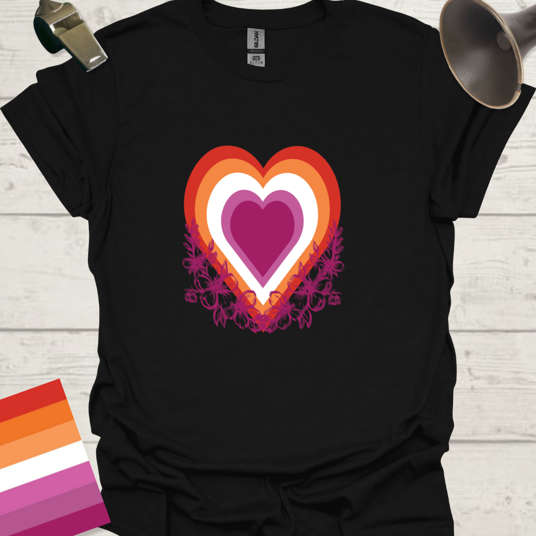 Lesbian Pride Flag Colors Heart Flowers T-Shirt