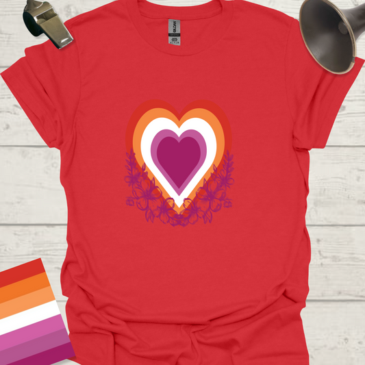 Lesbian Pride Flag Colors Heart Flowers T-Shirt