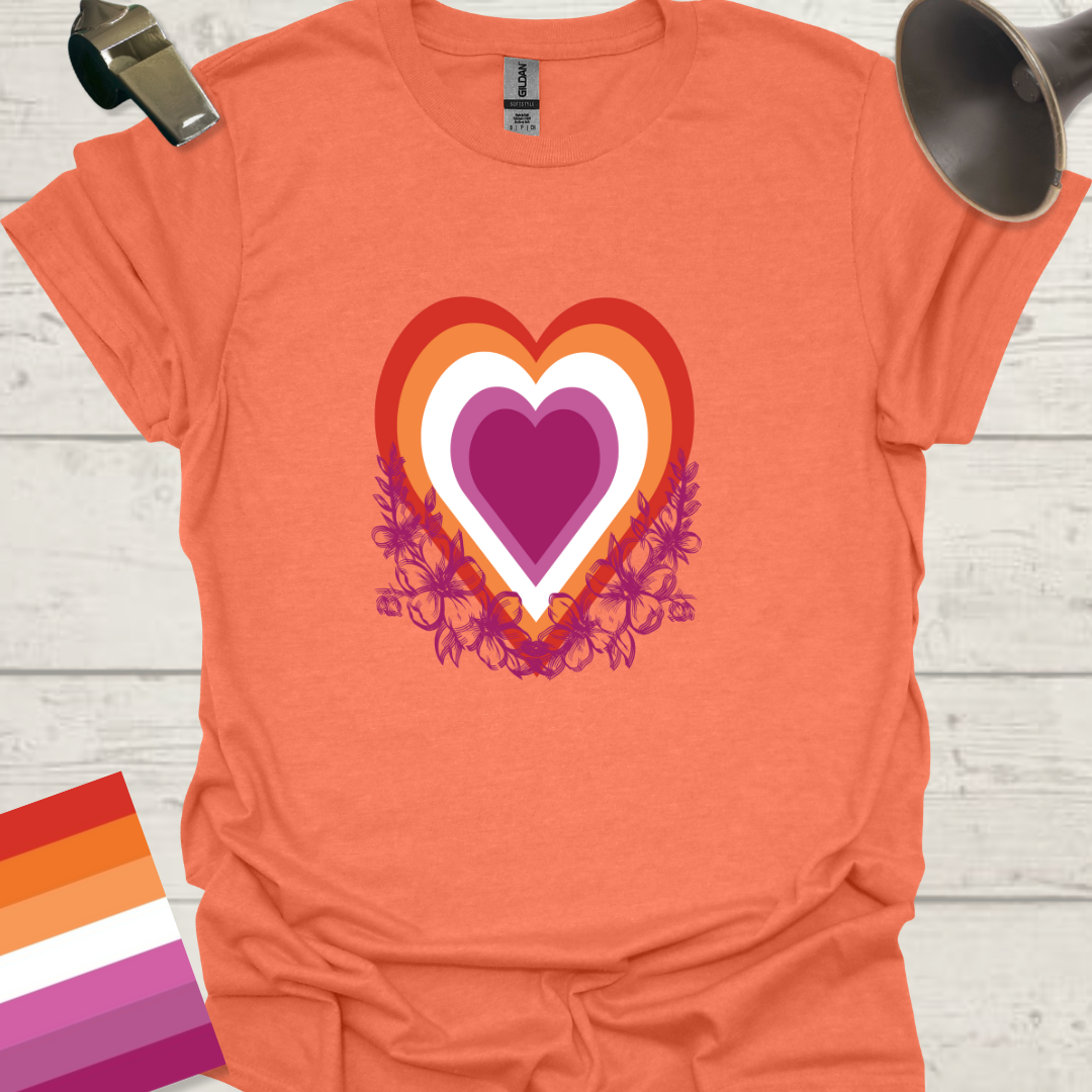Lesbian Pride Flag Colors Heart Flowers T-Shirt