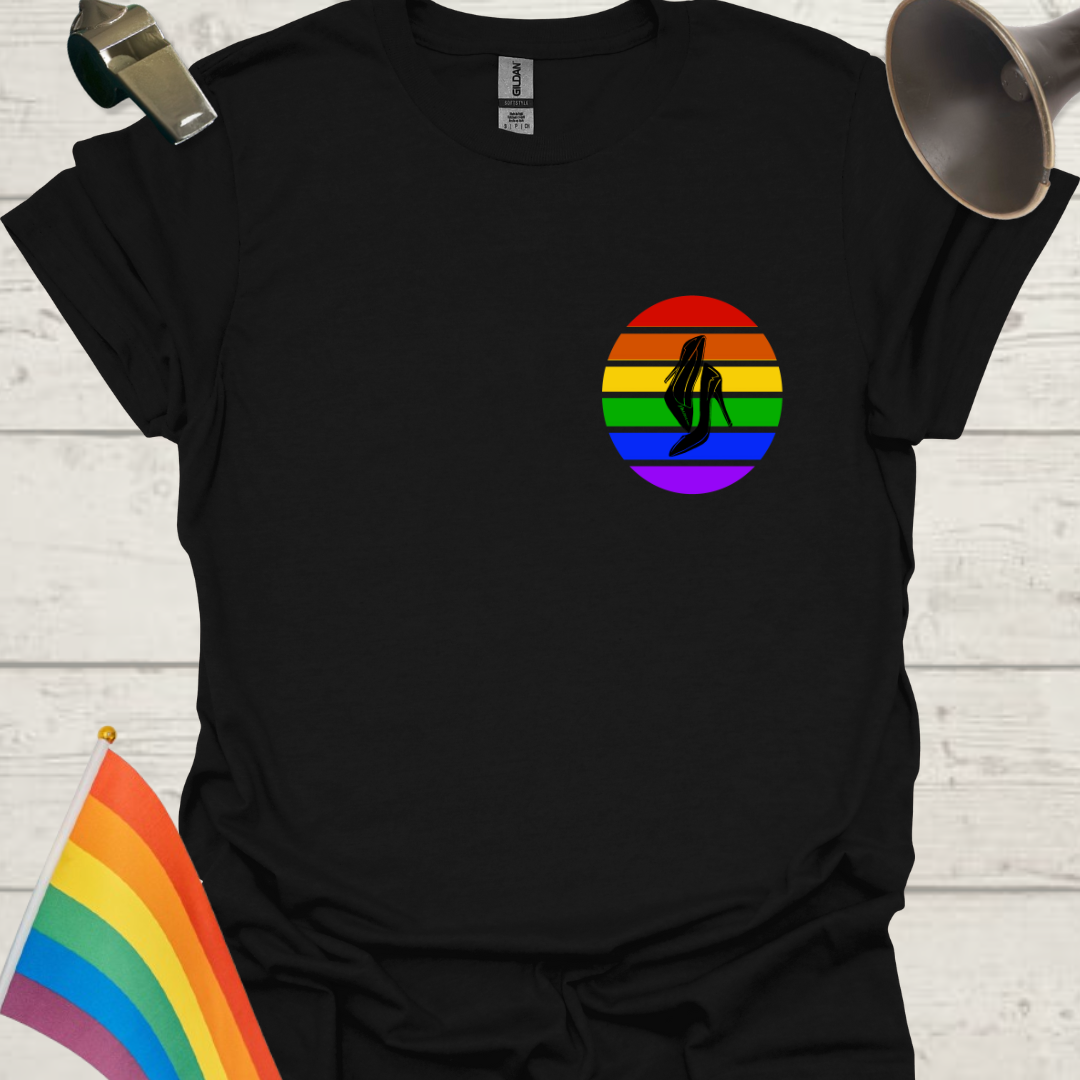 LGBTQ Pride Rainbow Stripes in a Sphere, Black Heels T-shirt