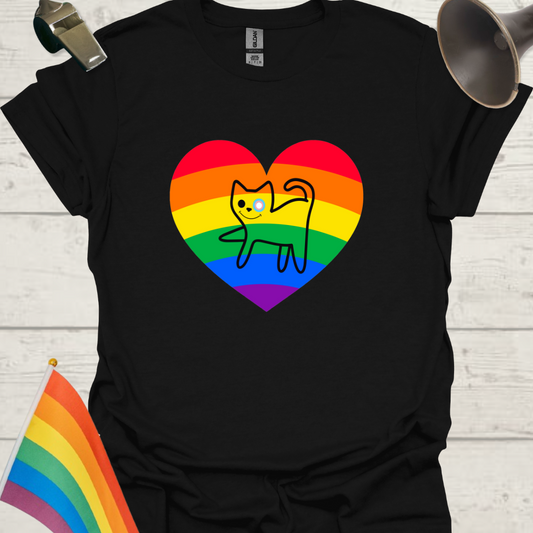 LGBTQ Pride Rainbow in a Heart and Funny Cat with Trans Flag Eye T-Shirt