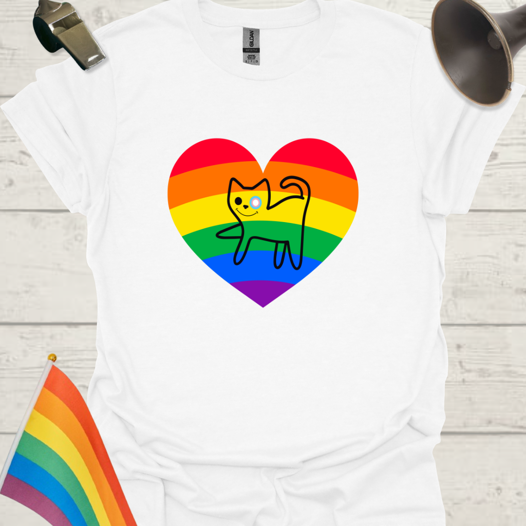 LGBTQ Pride Rainbow in a Heart and Funny Cat with Trans Flag Eye T-Shirt