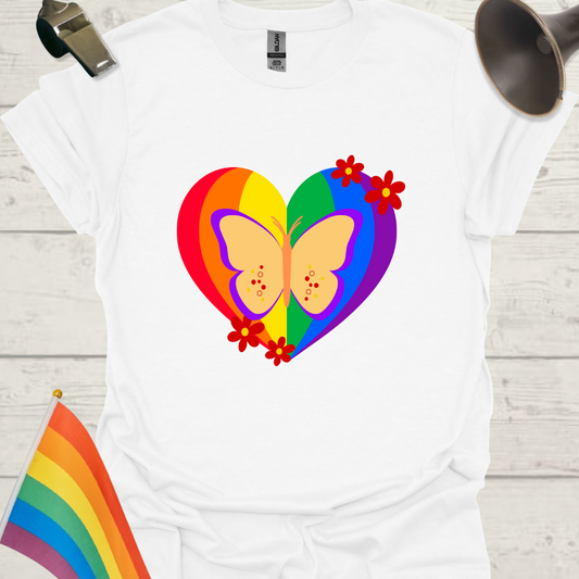 LGBT Pride Heart Butterfly and Flowers T-Shirt