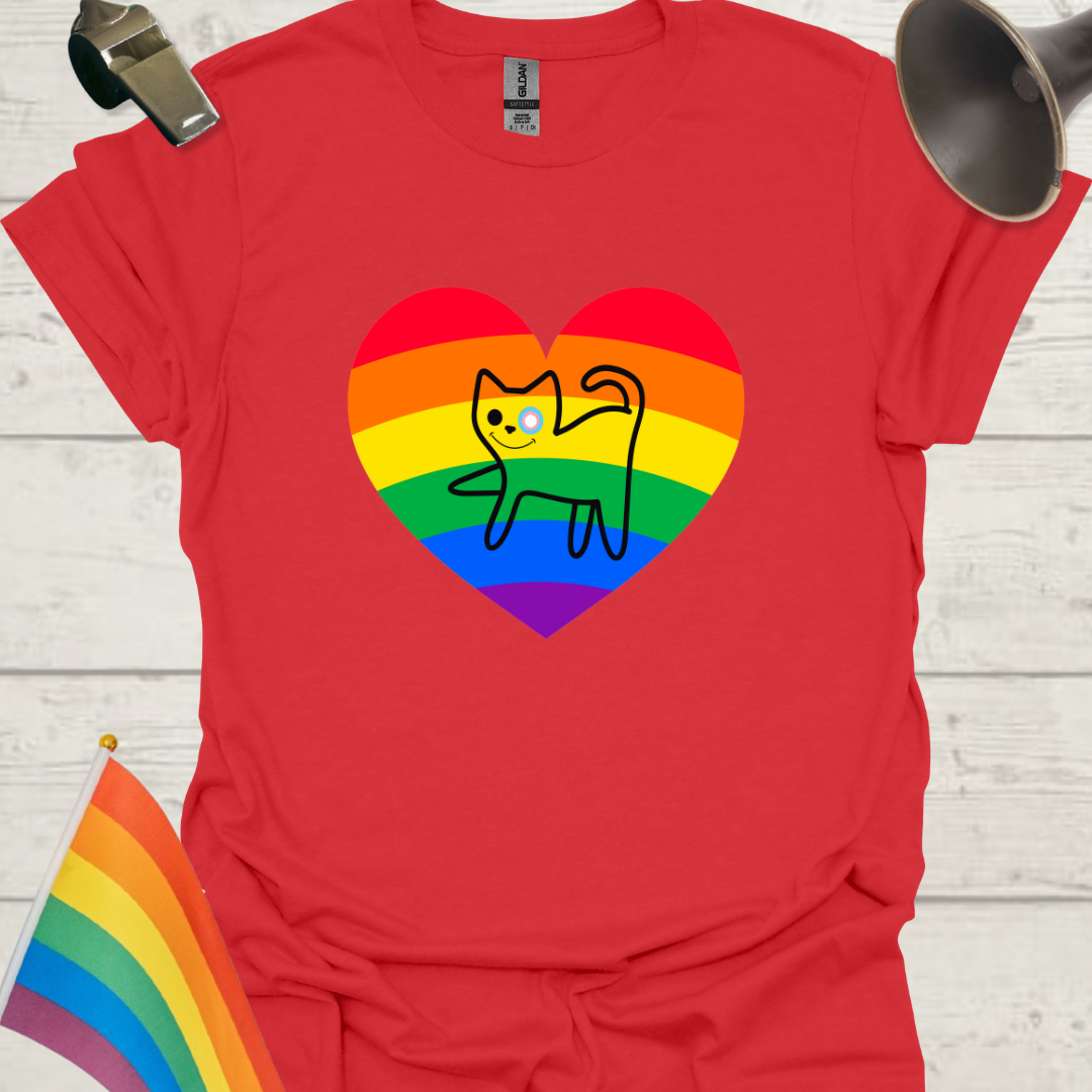 LGBTQ Pride Rainbow in a Heart and Funny Cat with Trans Flag Eye T-Shirt