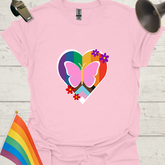 LGBTQ Pride Butterfly, Flowers Progress Flag Colors Heart T-Shirt