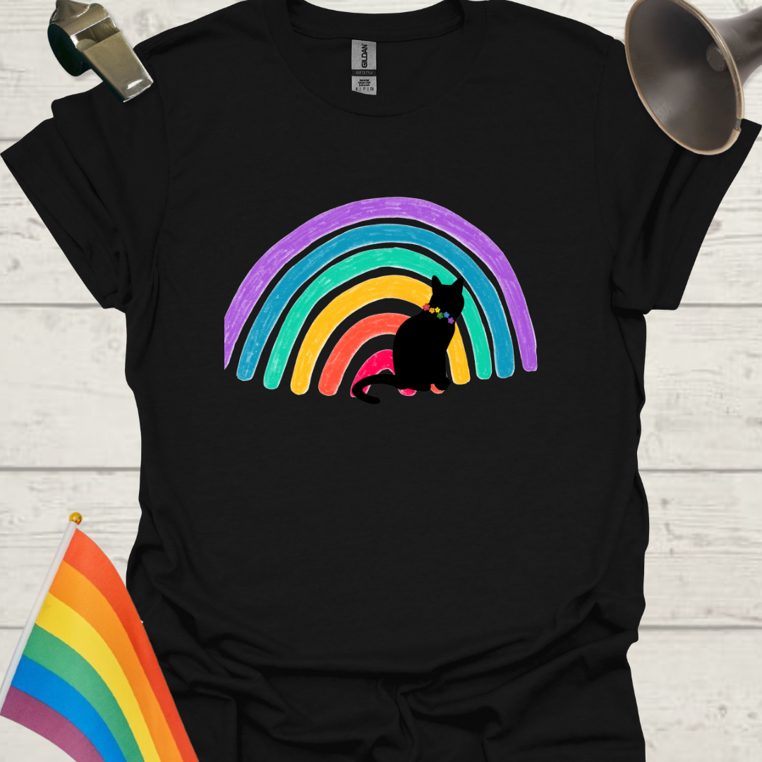 Unisex Pride T-Shirt - LGBTQ Pride Black Cat on a Rainbow Design