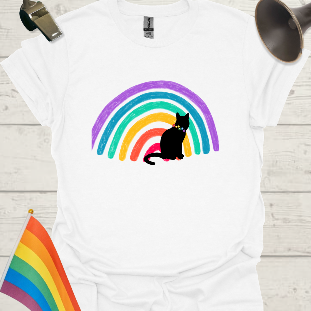 Unisex Pride T-Shirt - LGBTQ Pride Black Cat on a Rainbow Design