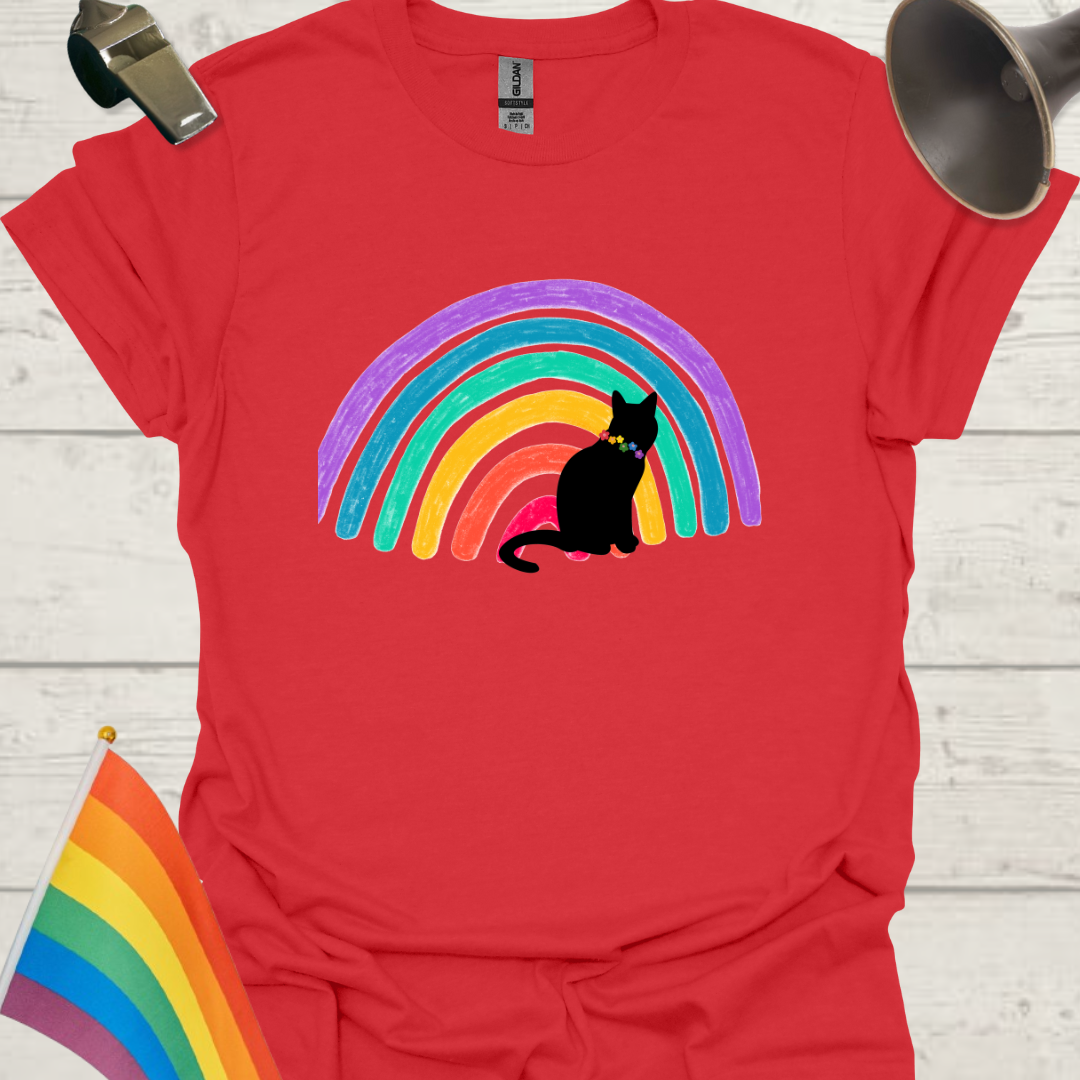Unisex Pride T-Shirt - LGBTQ Pride Black Cat on a Rainbow Design