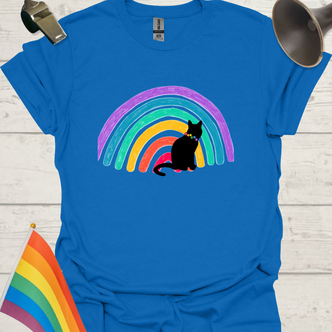 Unisex Pride T-Shirt - LGBTQ Pride Black Cat on a Rainbow Design