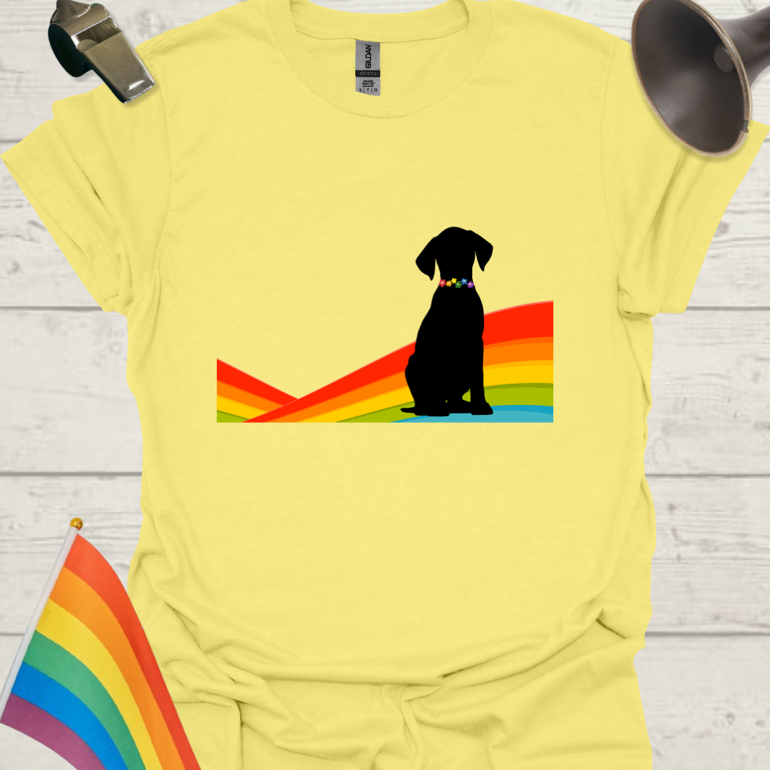 Unisex Pride T-Shirt - LGBTQ Black Dog on a Rainbow Design
