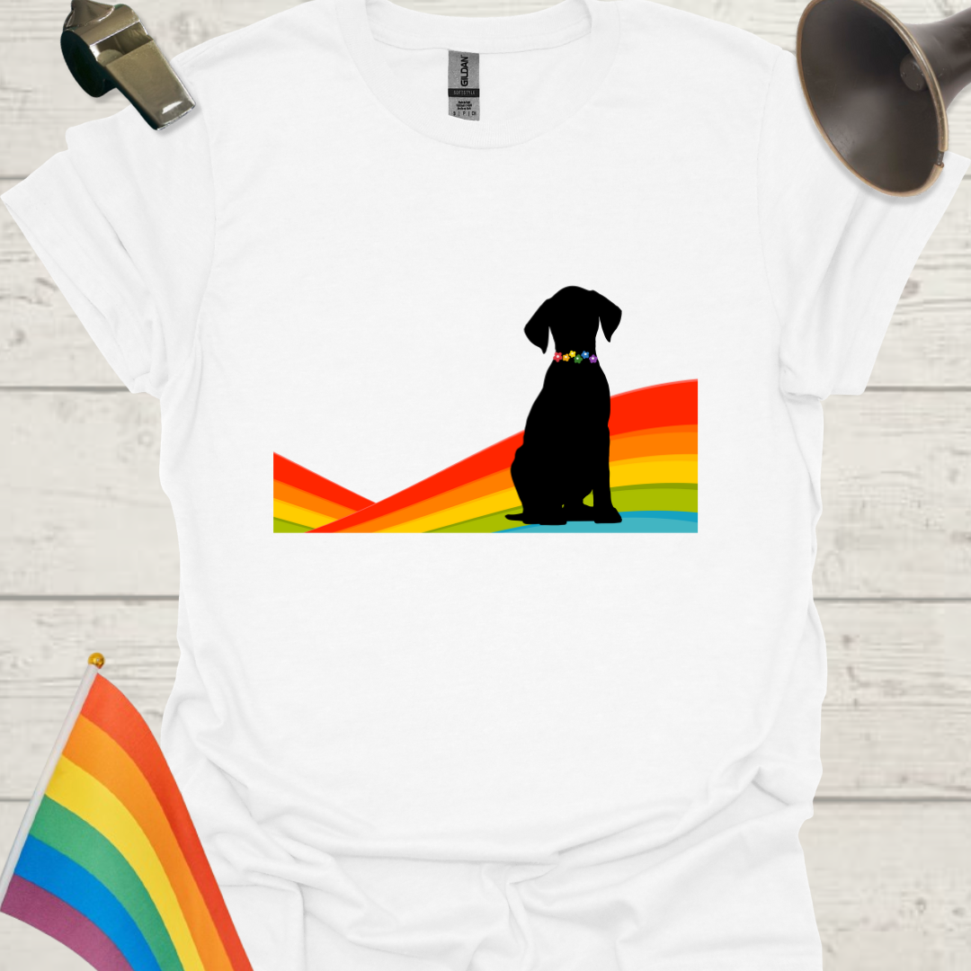 Unisex Pride T-Shirt - LGBTQ Black Dog on a Rainbow Design