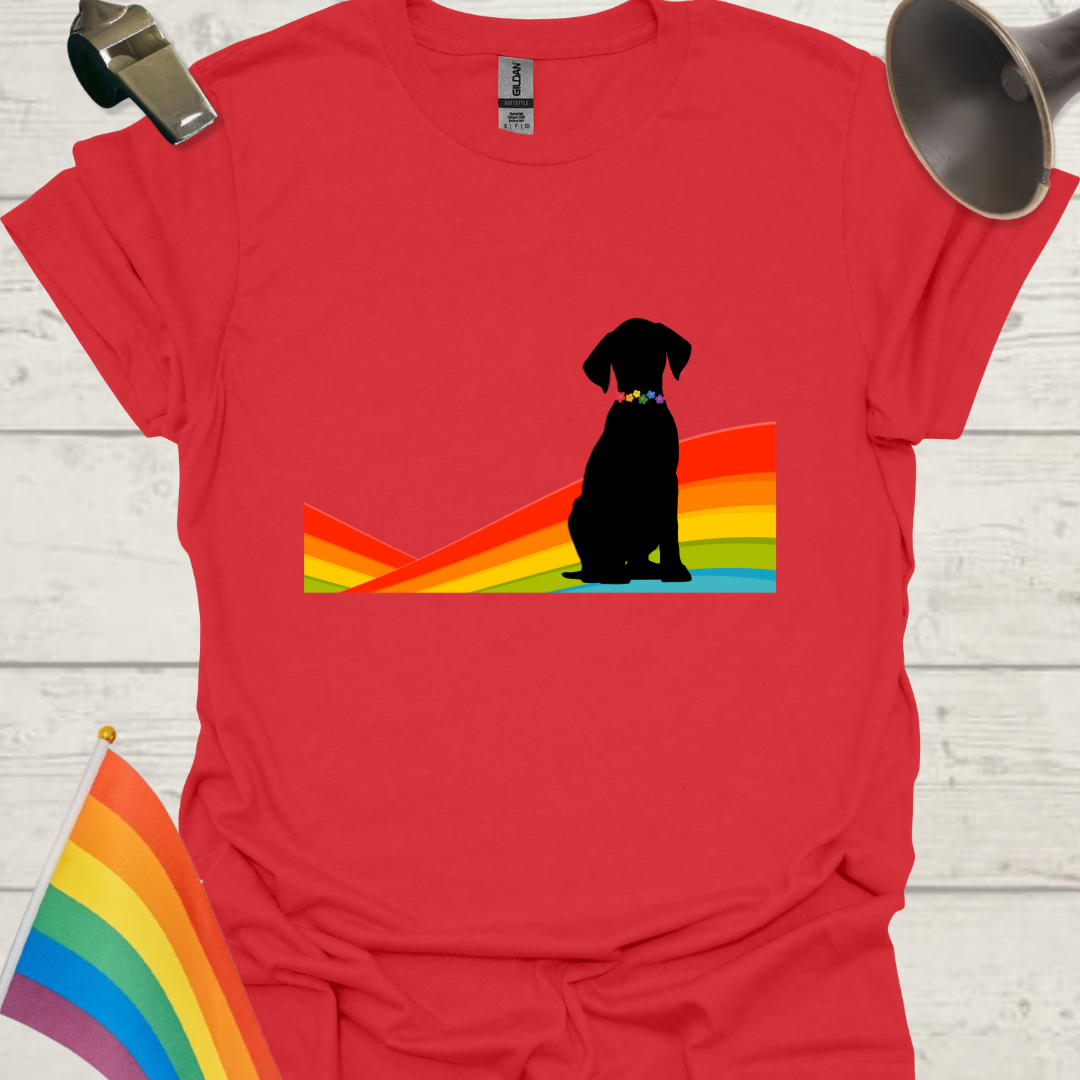 Unisex Pride T-Shirt - LGBTQ Black Dog on a Rainbow Design