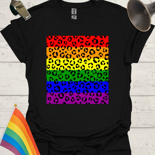 Unisex Pride T-Shirt - LGBT Pride Flag Ripples, Black Leopard Pattern Design