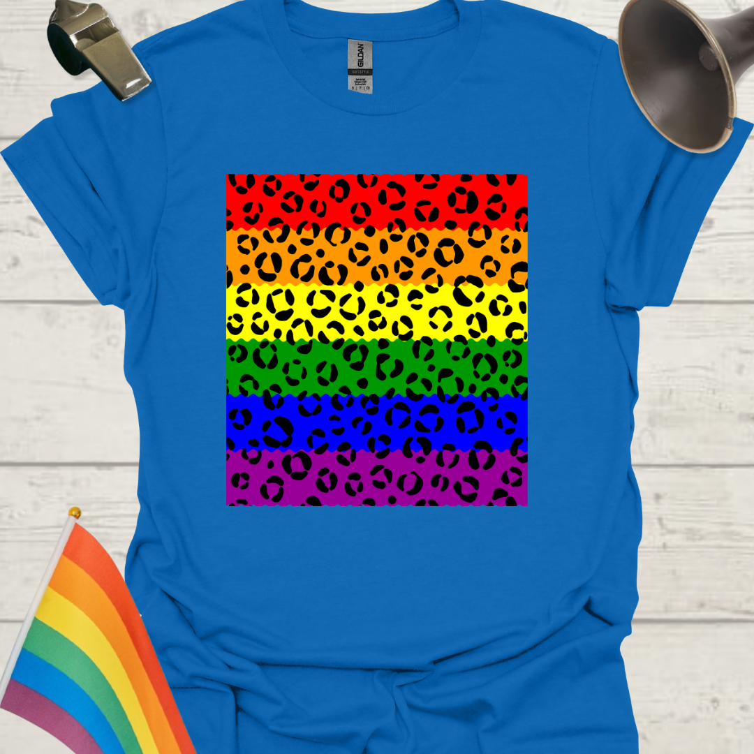 Unisex Pride T-Shirt - LGBT Pride Flag Ripples, Black Leopard Pattern Design