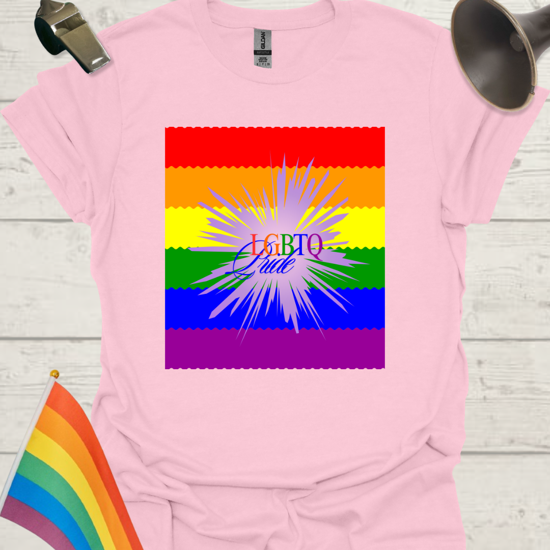 Pink t-shirt with rainbow design and 'LGBTQ Pride' text on a wooden surface.