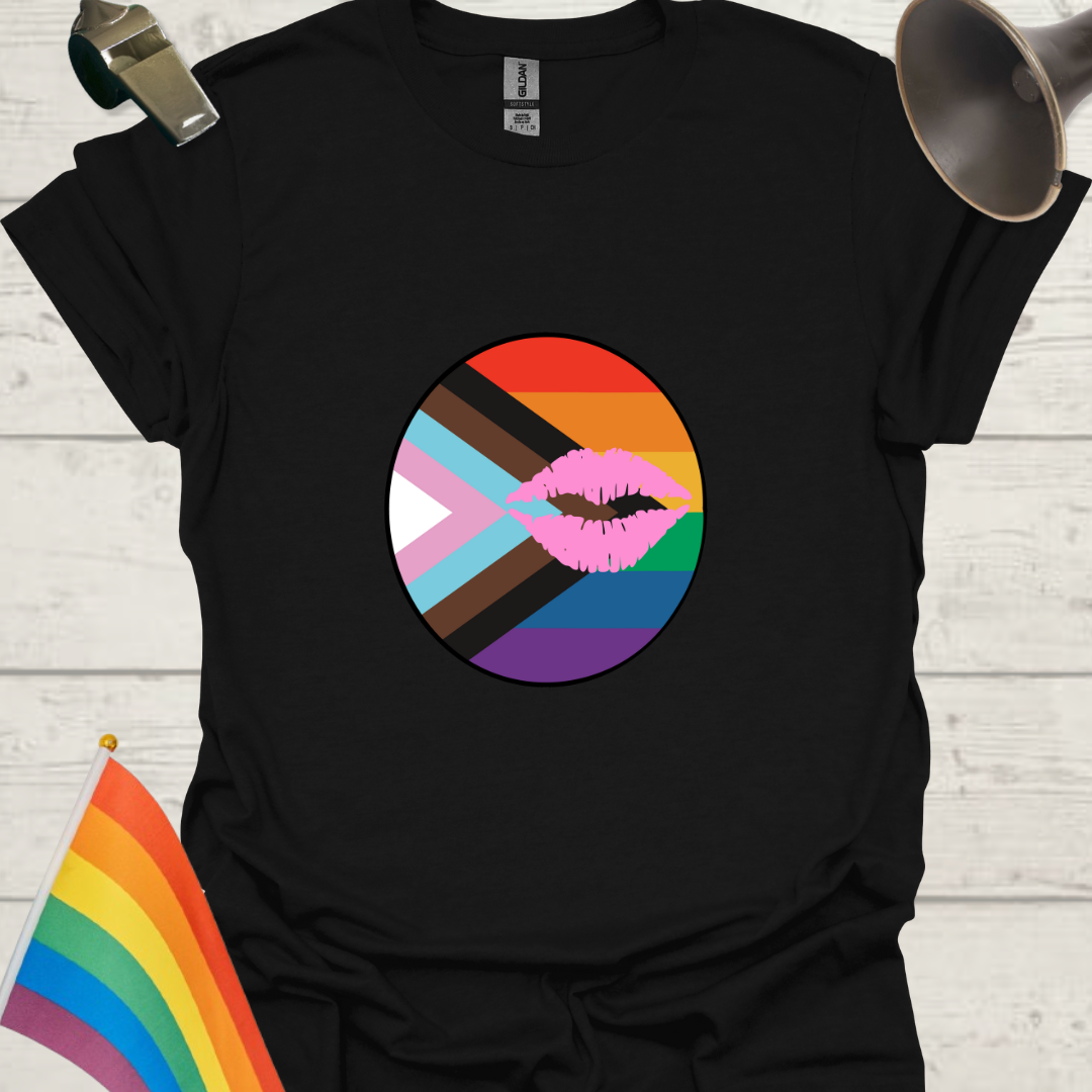 LGBTQ Pride Progress Flag Colors, Pink Lips in a Sphere T-Shirt