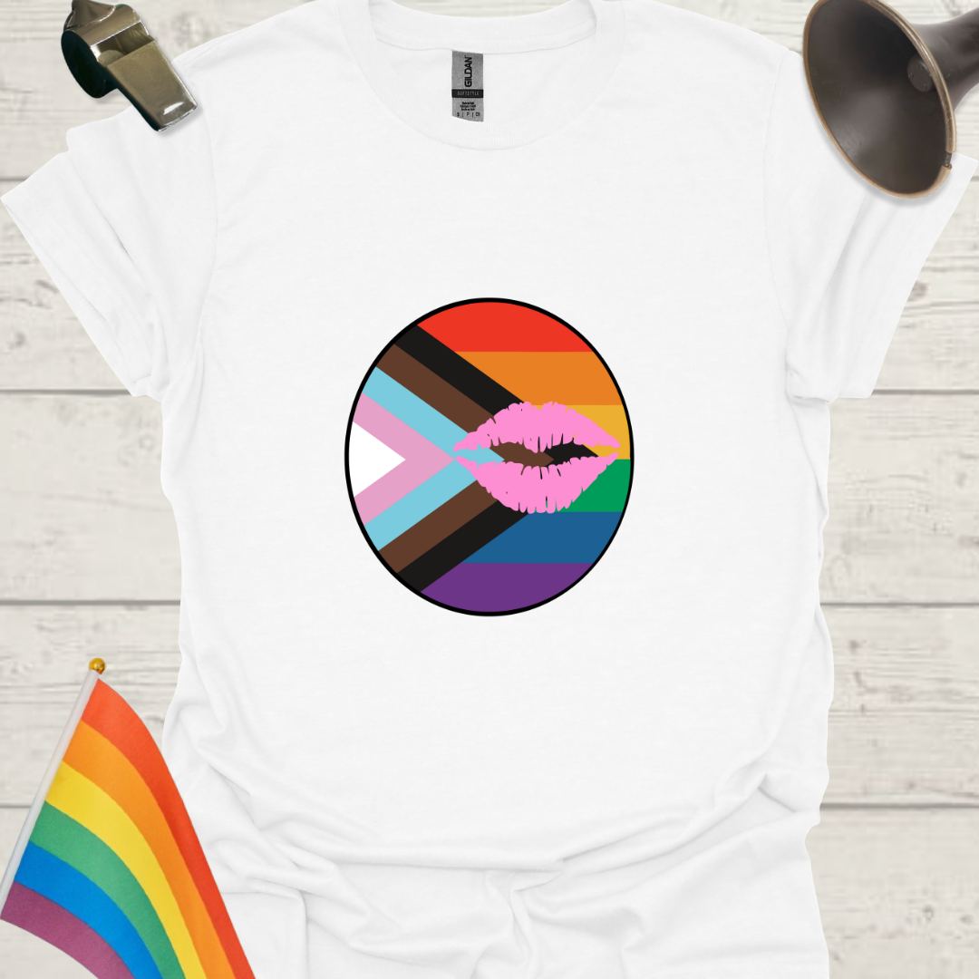 LGBTQ Pride Progress Flag Colors, Pink Lips in a Sphere T-Shirt