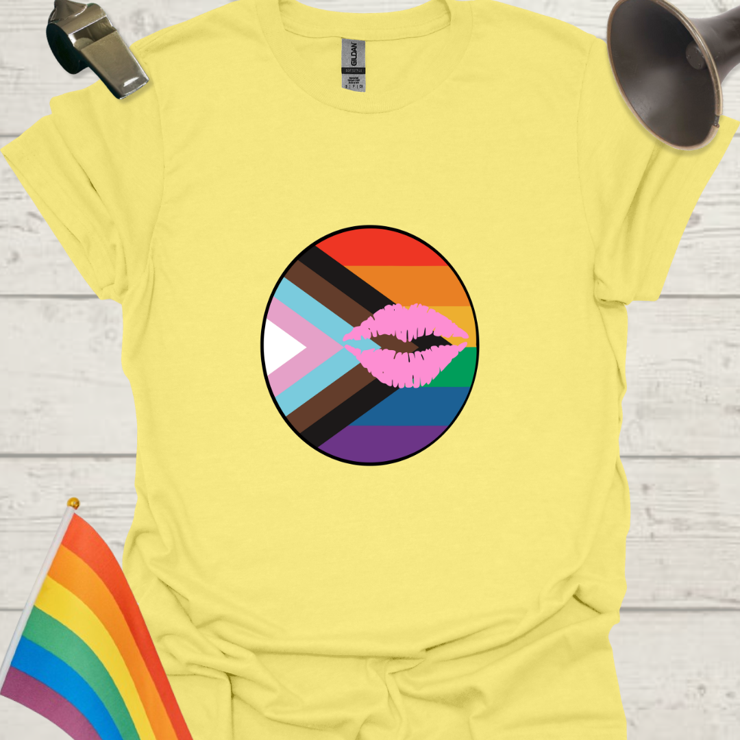 LGBTQ Pride Progress Flag Colors, Pink Lips in a Sphere T-Shirt
