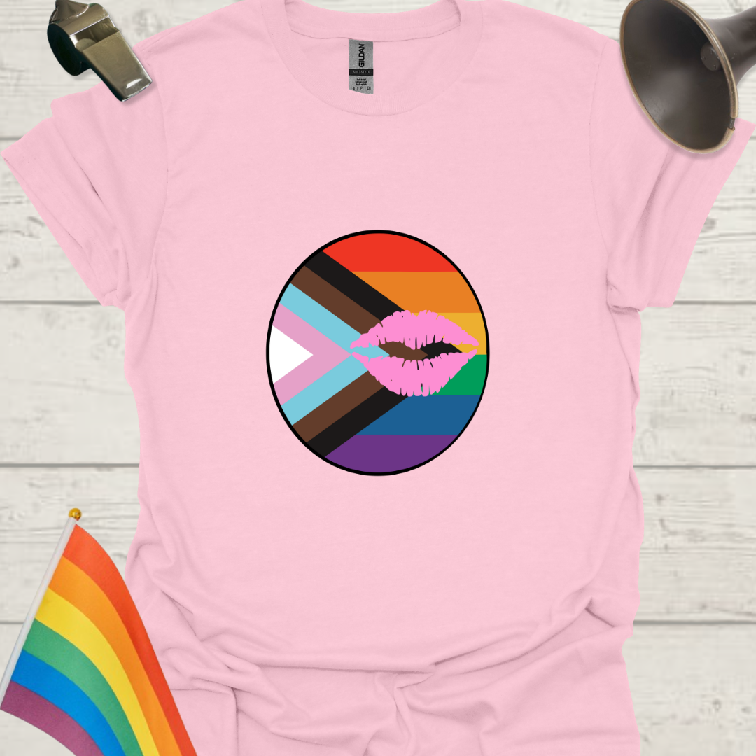 LGBTQ Pride Progress Flag Colors, Pink Lips in a Sphere T-Shirt