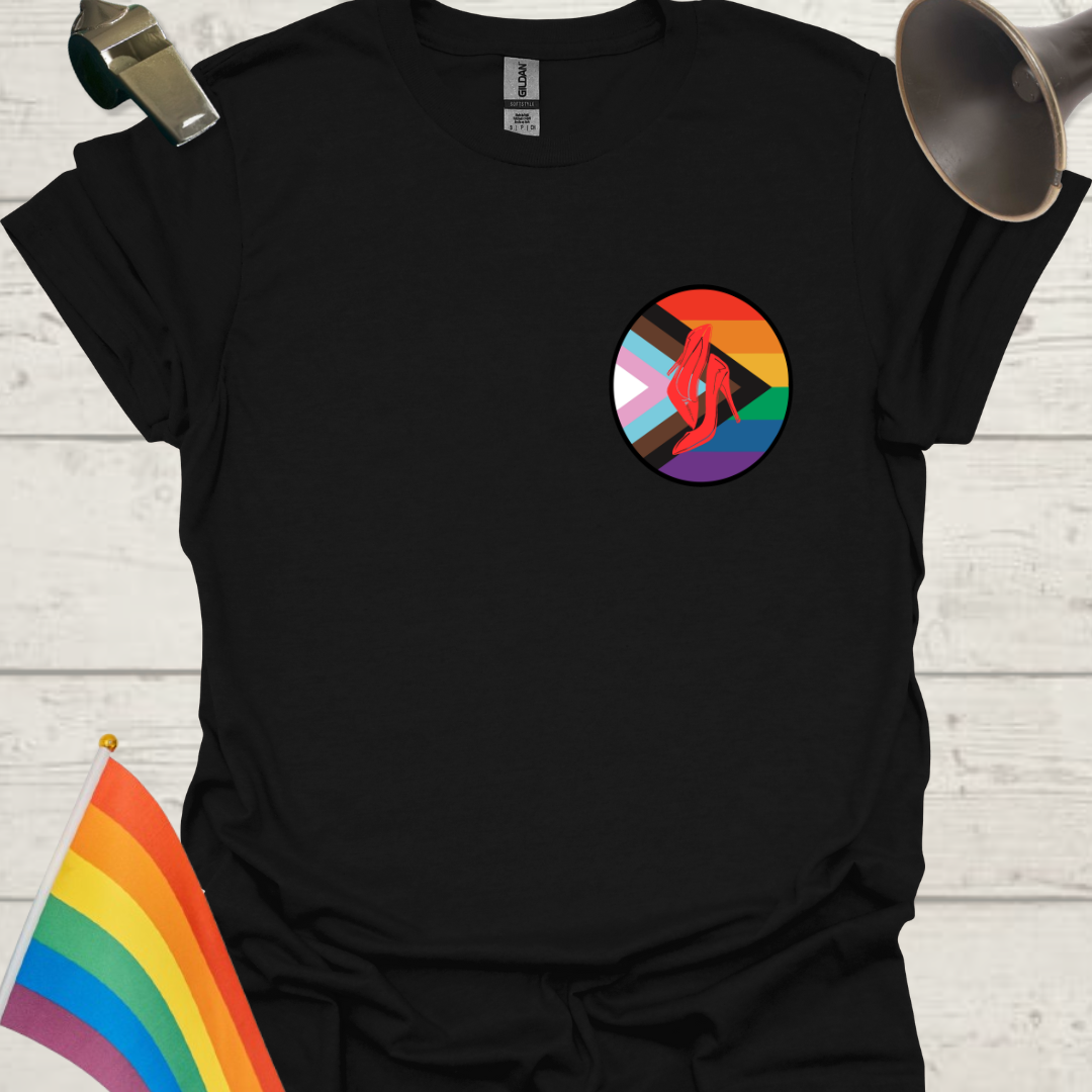 LGBTQ Pride Progress Flag colors, Red High Heels in a sphere T-Shirt