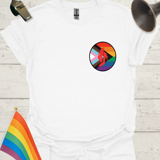LGBTQ Pride Progress Flag colors, Red High Heels in a sphere T-Shirt