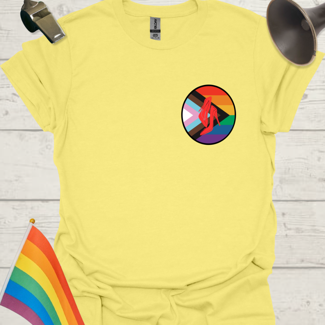 LGBTQ Pride Progress Flag colors, Red High Heels in a sphere T-Shirt