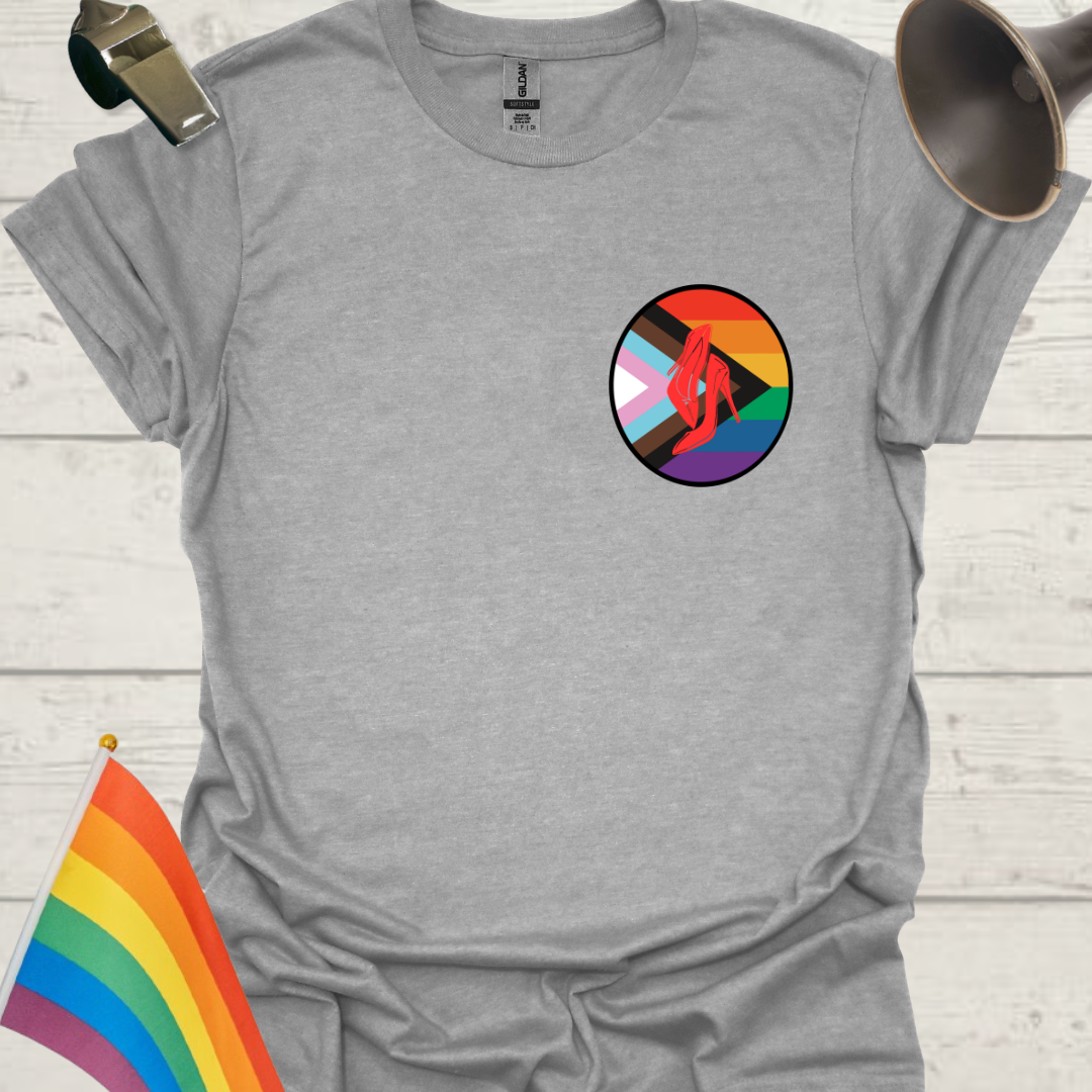 LGBTQ Pride Progress Flag colors, Red High Heels in a sphere T-Shirt