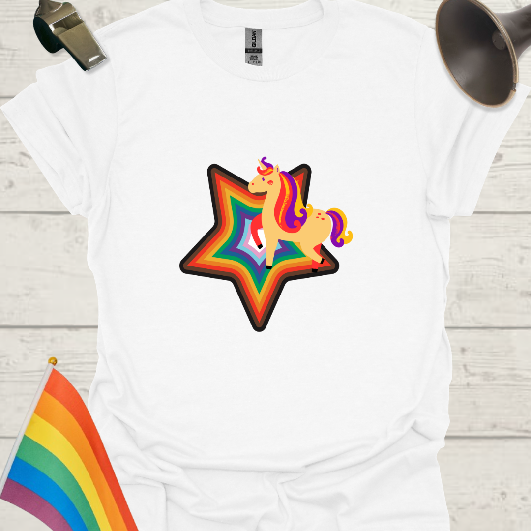 LGBTQ Pride Progress Flag colors, Star and Unicorn T-Shirt