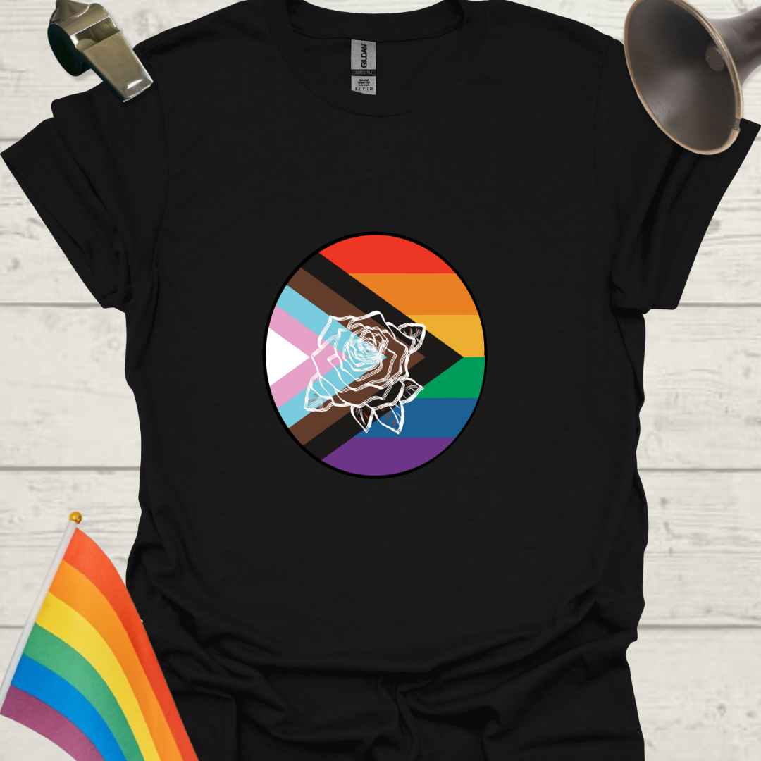 LGBTQ Pride Progress Flag colors, White Rose in a sphere T-Shirt