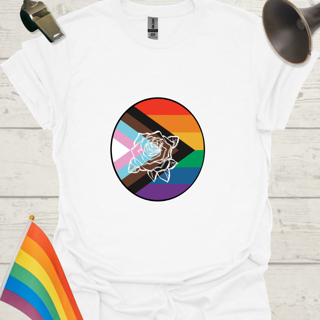 LGBTQ Pride Progress Flag colors, White Rose in a sphere T-Shirt
