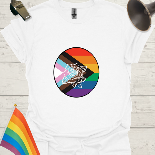 LGBTQ Pride Progress Flag colors, White Rose in a sphere T-Shirt