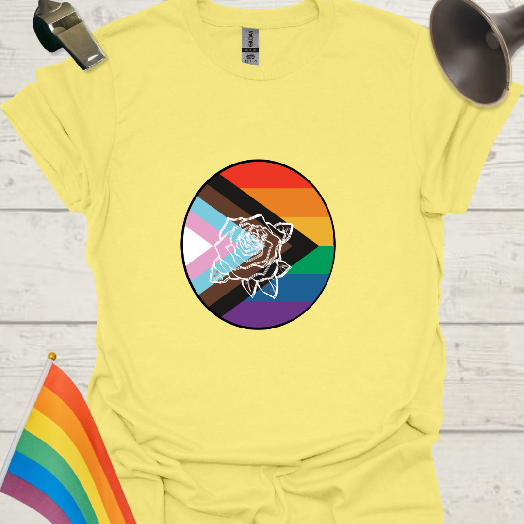 LGBTQ Pride Progress Flag colors, White Rose in a sphere T-Shirt