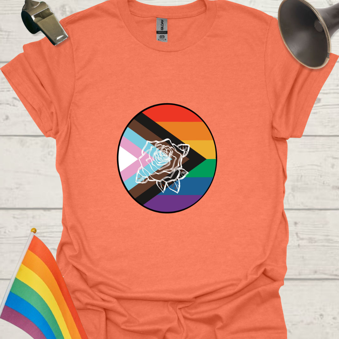 LGBTQ Pride Progress Flag colors, White Rose in a sphere T-Shirt