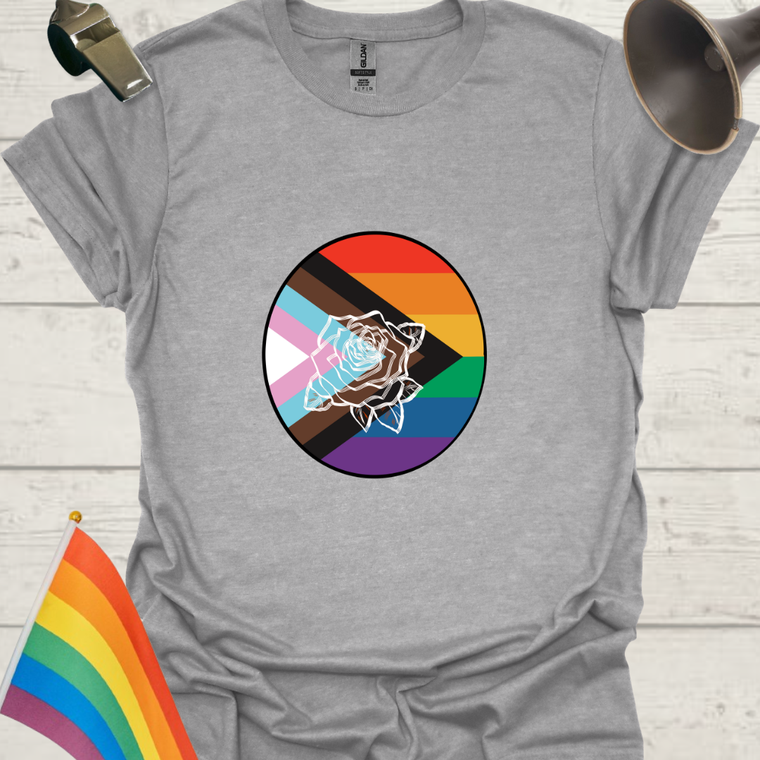 LGBTQ Pride Progress Flag colors, White Rose in a sphere T-Shirt